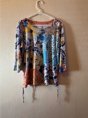 EUC-Alfred Dunner Batik Floral Patch Printed top side tie closures 3/4 sleeves M